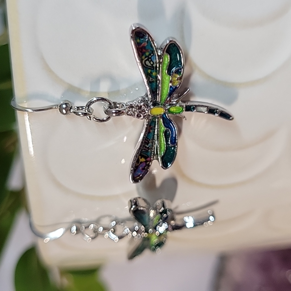 Mosaic Dragonfly Enamel and Silver Drop Earrings - Picture 6 of 8